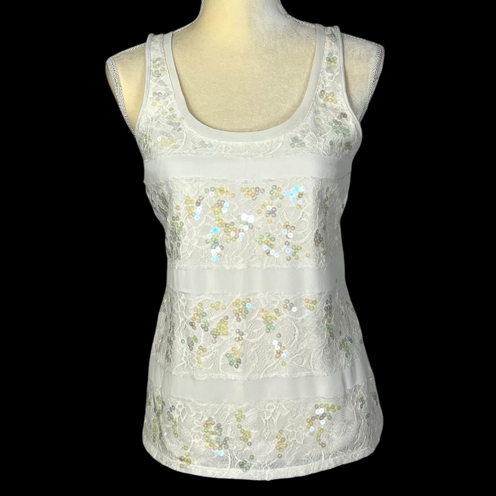 EXPRESS Women's Tank Top Ivory Size SP Lace Sequins Striped Sleeveless‎ Summer